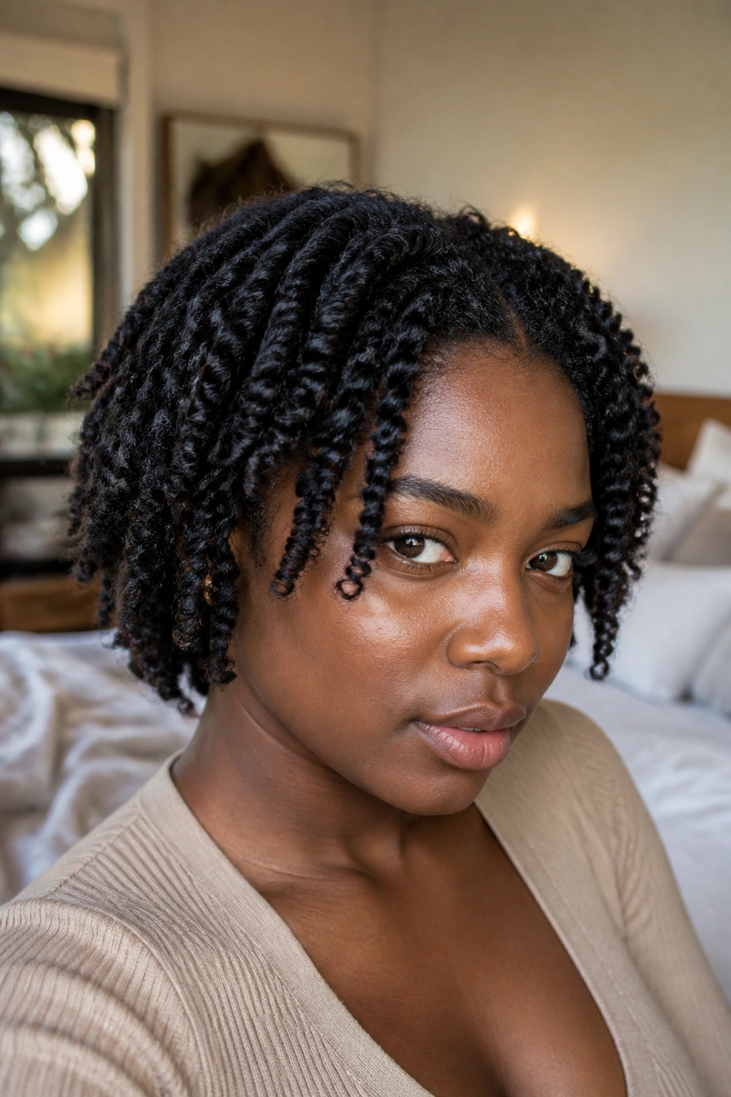 Close-up portrait of a real person with a defined two-strand twist-out on 4c hair, natural window light.