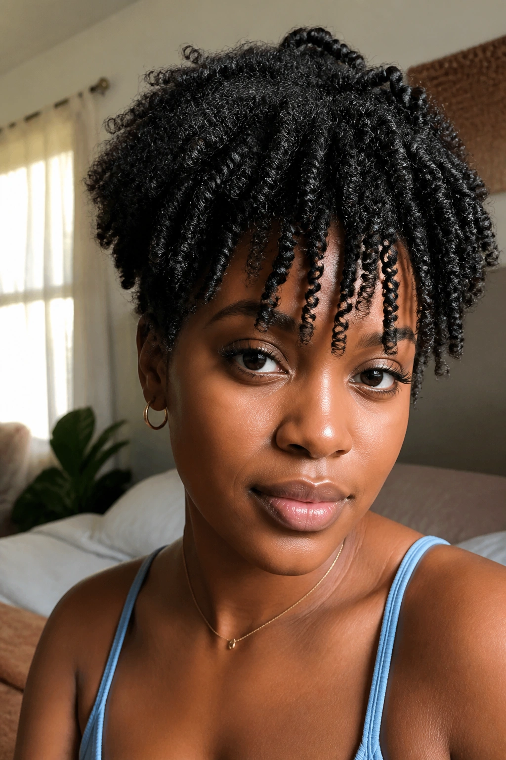 Close-up of a real woman with twist-out bangs forming a soft fringe.