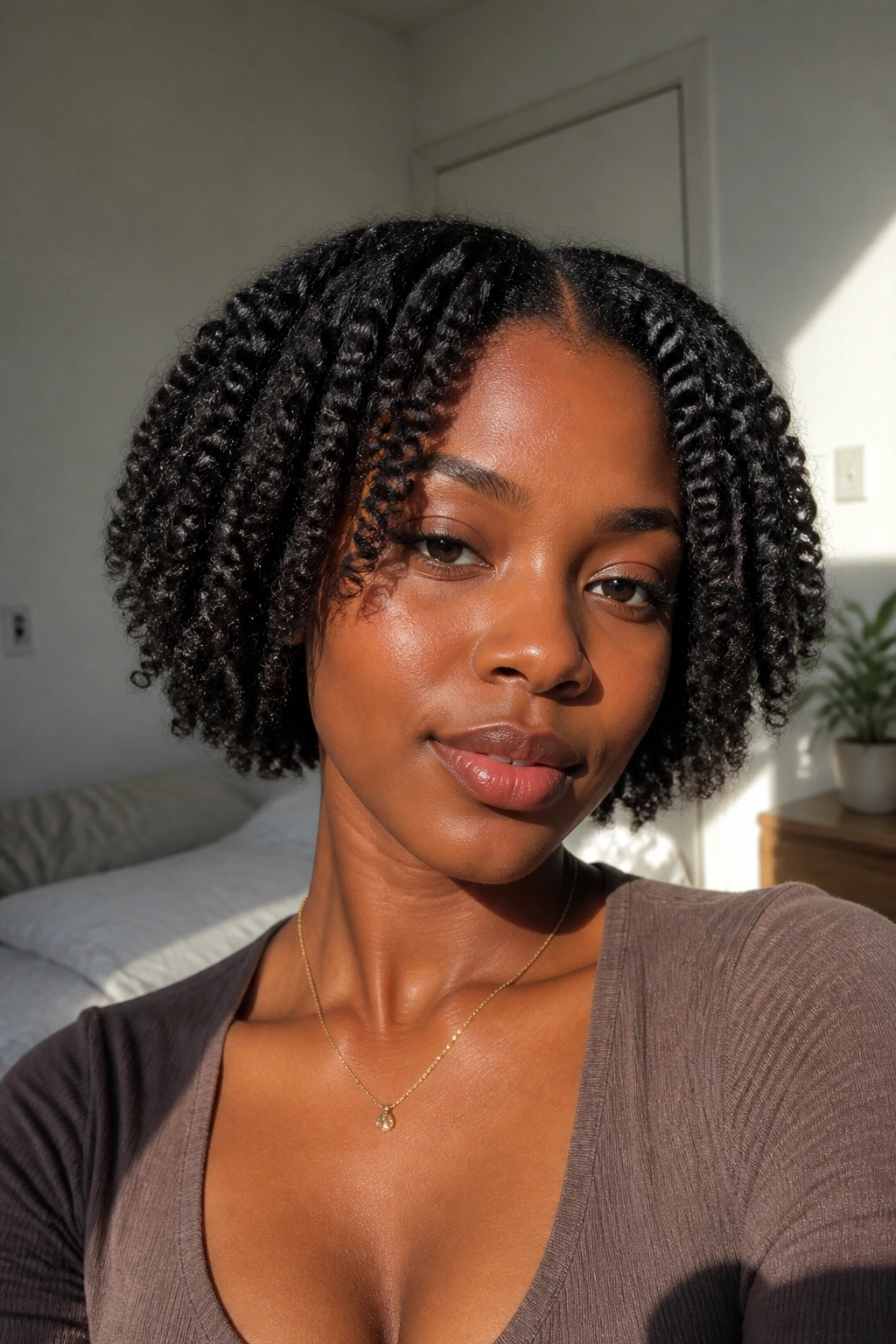 Close-up of a real woman with a twist-out bob near the jaw in natural window light.