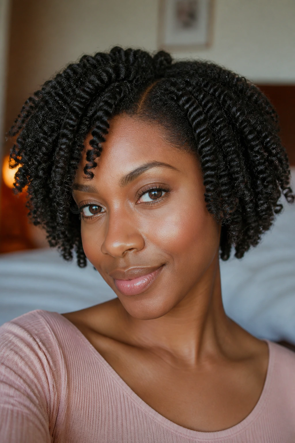 Close-up portrait of a real woman with a twist-out on chin-length natural hair