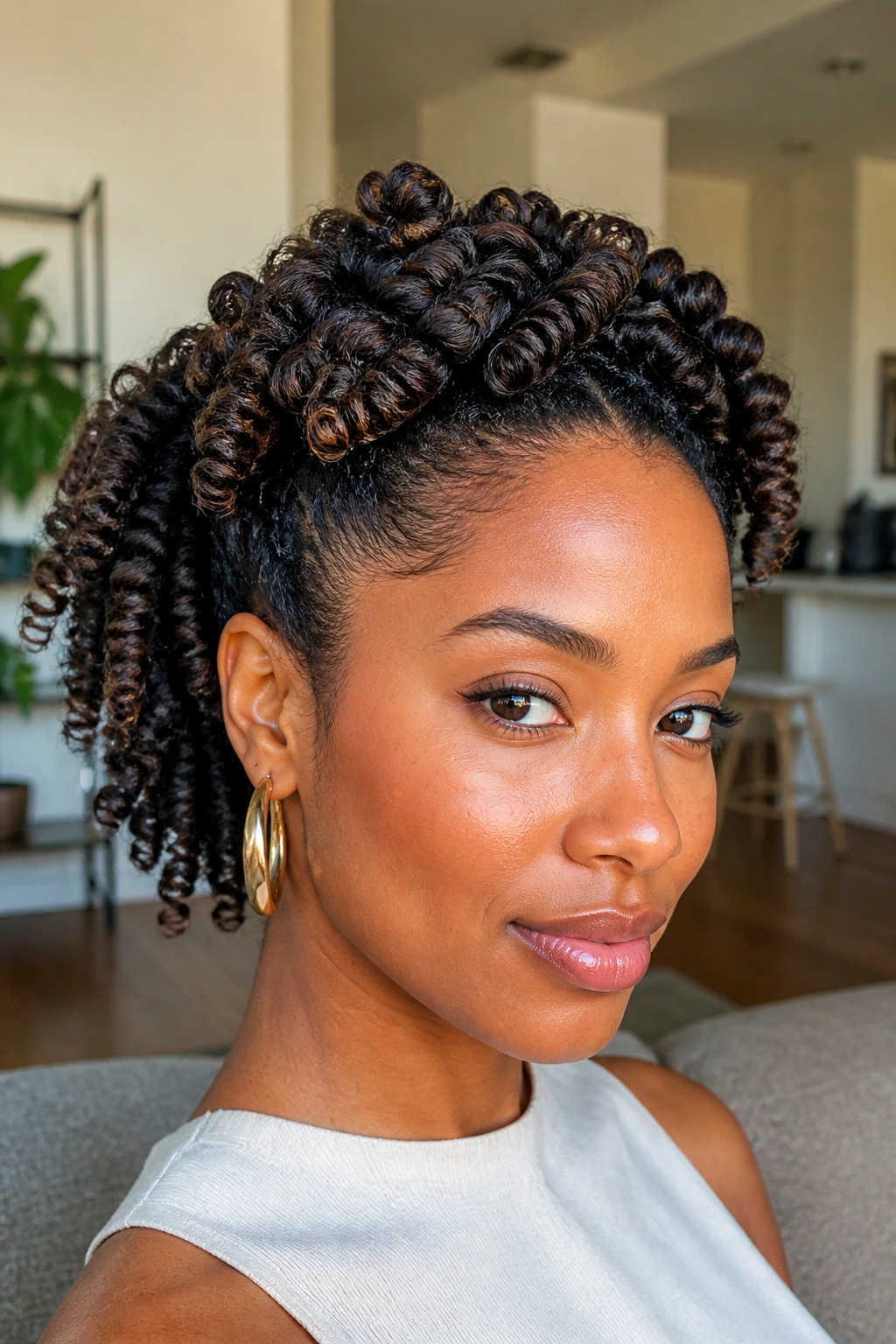 Close-up of a real woman with a twist-out crown, natural light