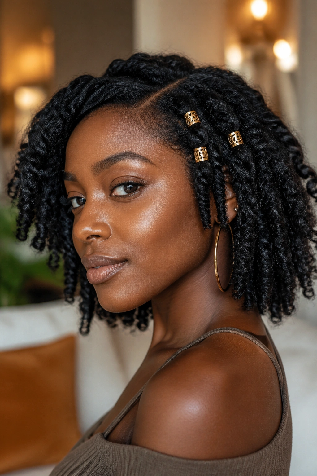 Close-up of a real woman with twist-out hair accented by gold cuffs.