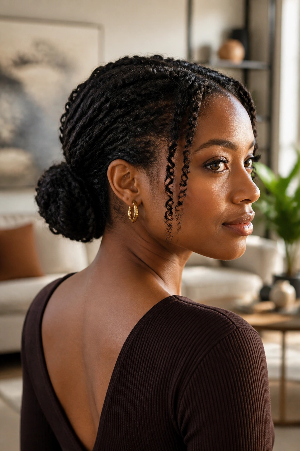 Close-up of a real woman with twist-out texture gathered into a low bun at the nape.