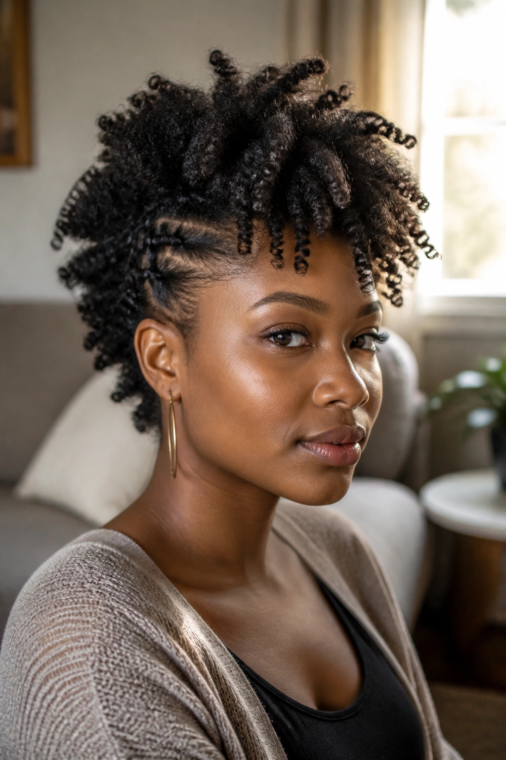 Close-up of a Black woman with twist-out Mohawk in a warm living room.