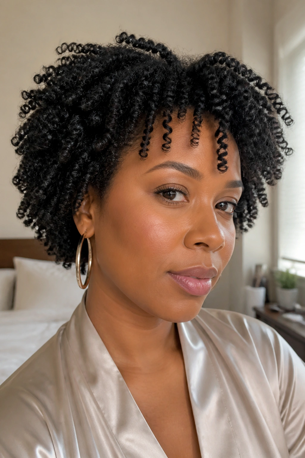 Close-up portrait of a real woman with a twist-out hairstyle showing defined curls