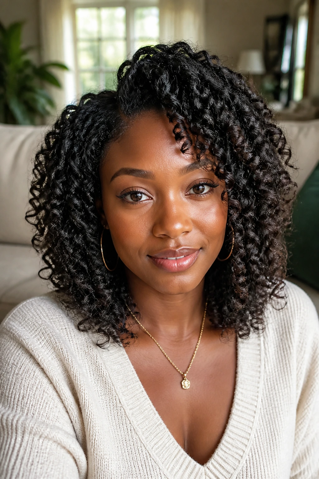 Close-up of a real woman with a twist-out texture and defined curls in soft light