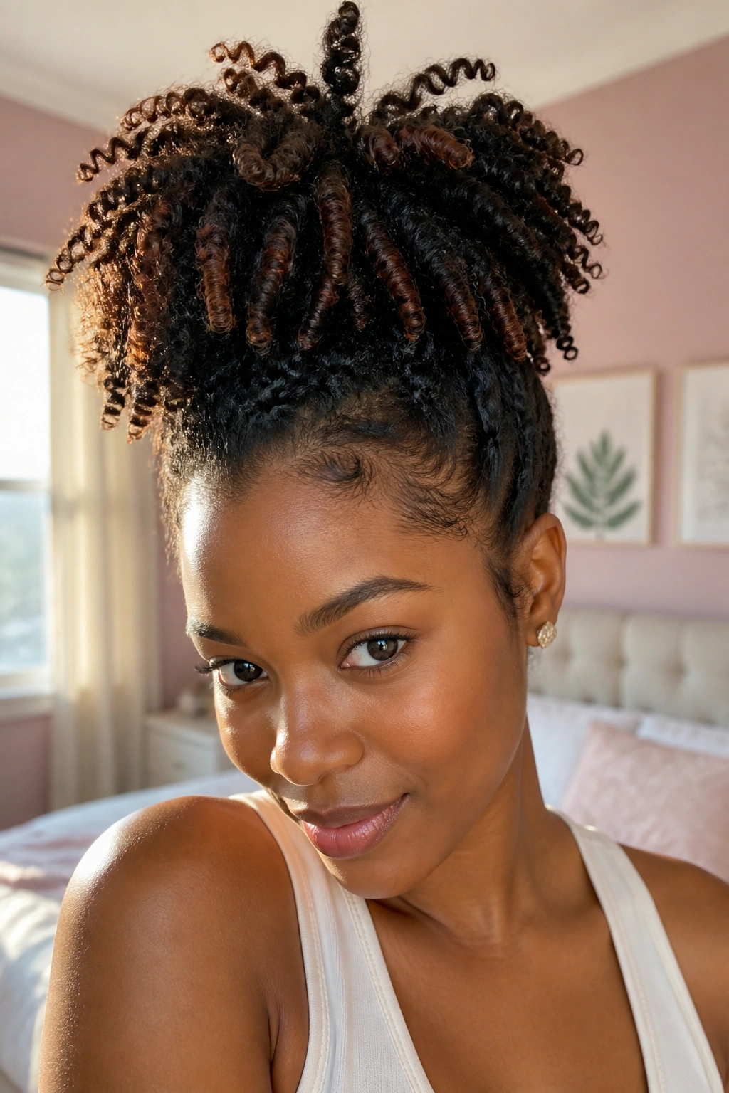 Close-up of a real woman with a high pineapple twist-out at the crown.