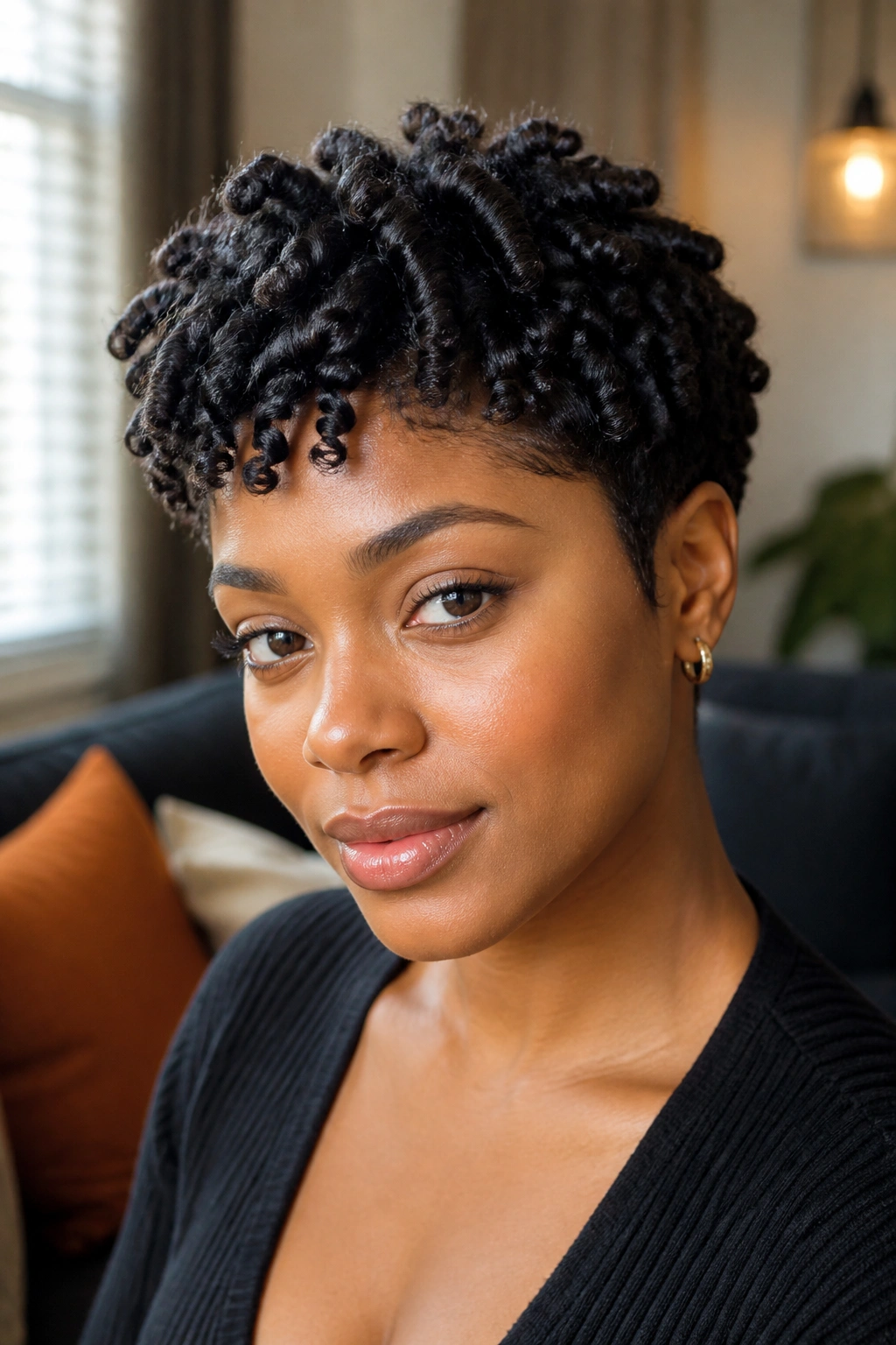 Close-up of a real woman with twist-out pixie showing chunky, defined twists.