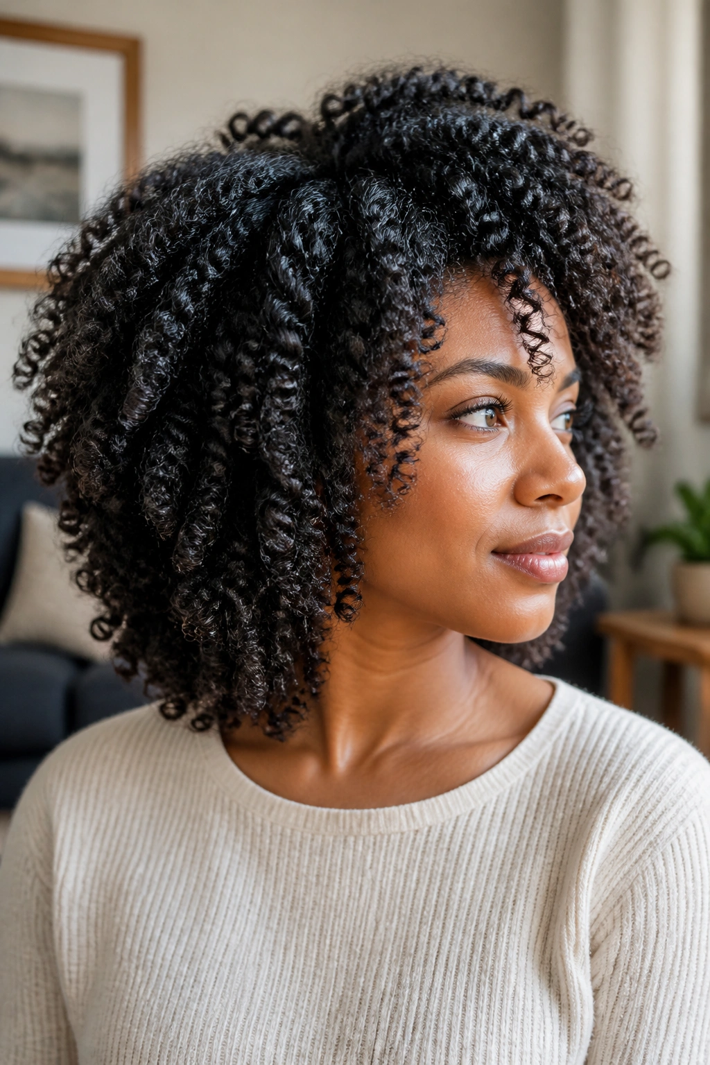 Close-up of a real woman with a twist-out showing defined curls