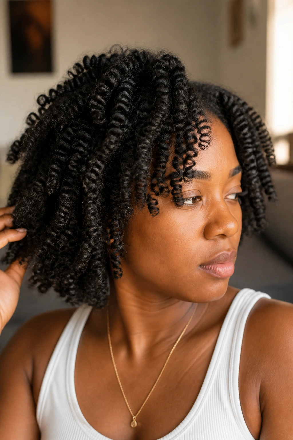Close-up of a real woman showing a twist-out hairstyle with defined twists and voluminous texture
