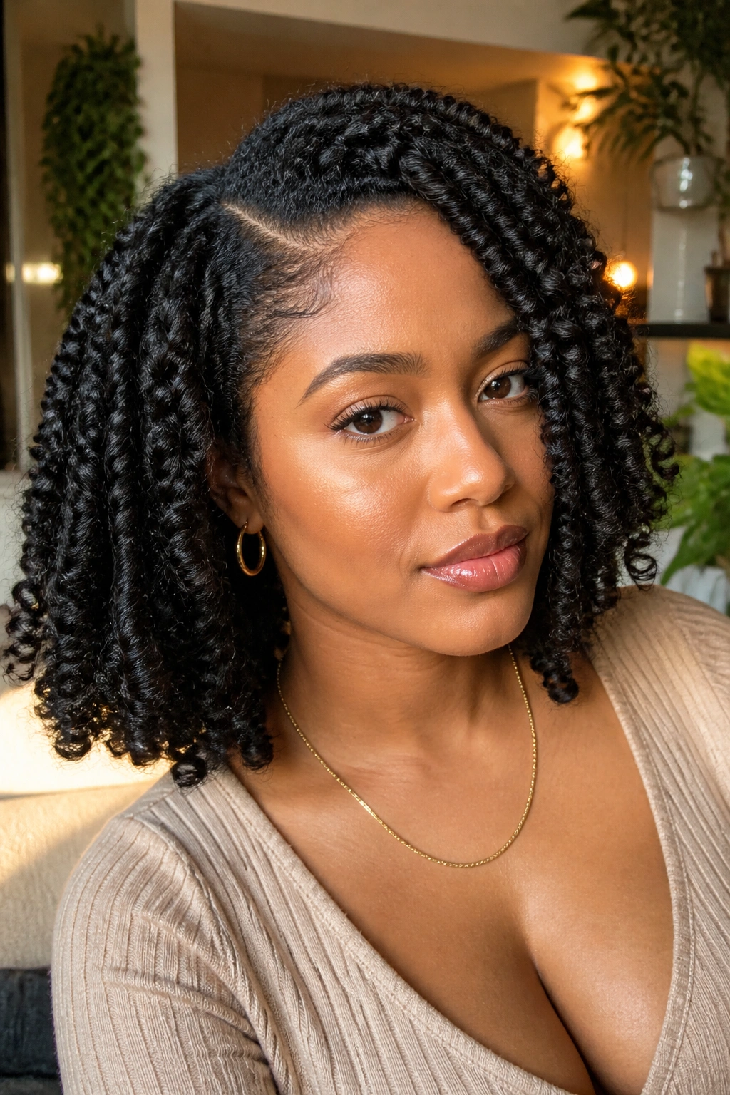 Close-up of real person with twist-out and root stretch.
