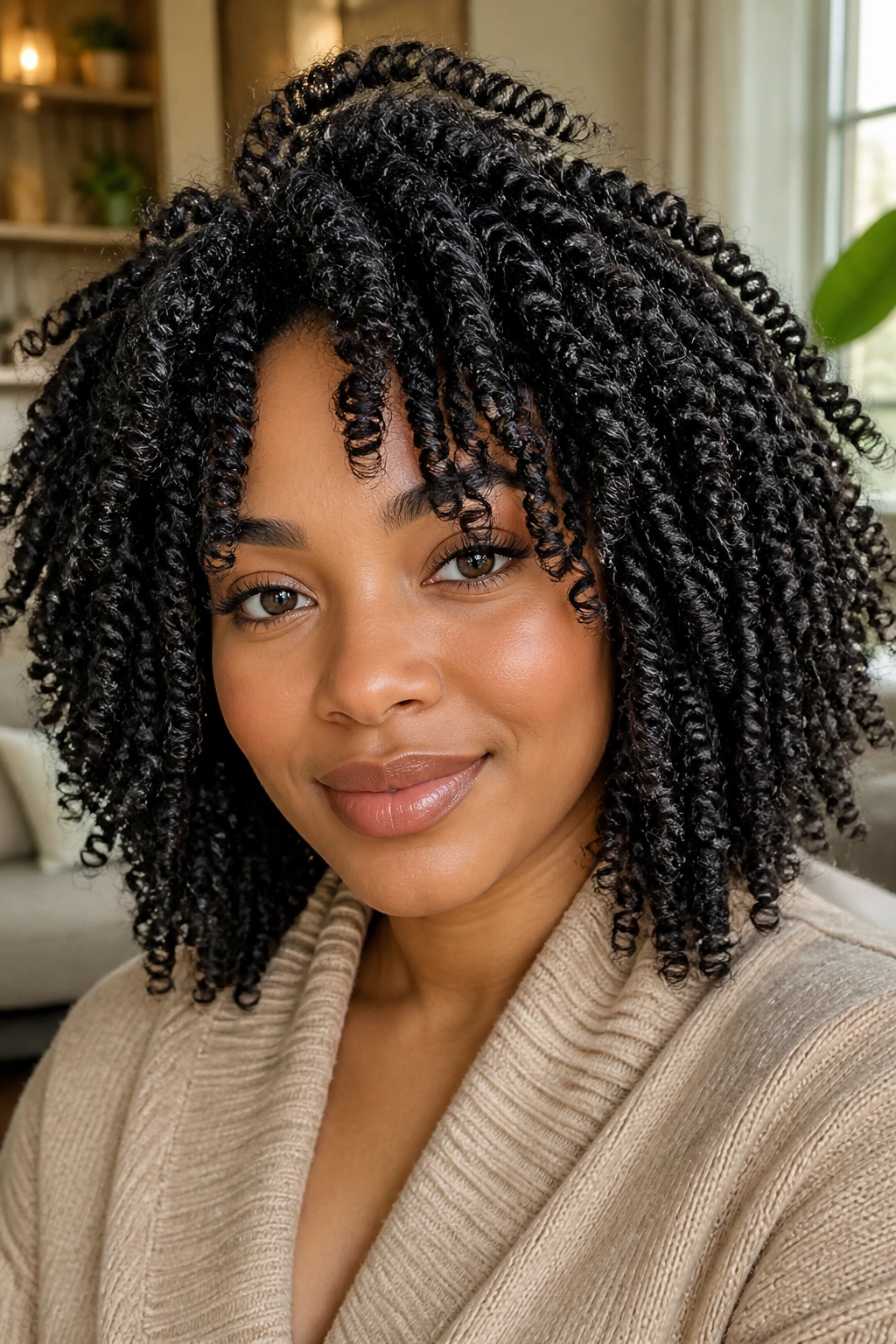 Close-up of a real woman with a twist-out and separated rope twists.
