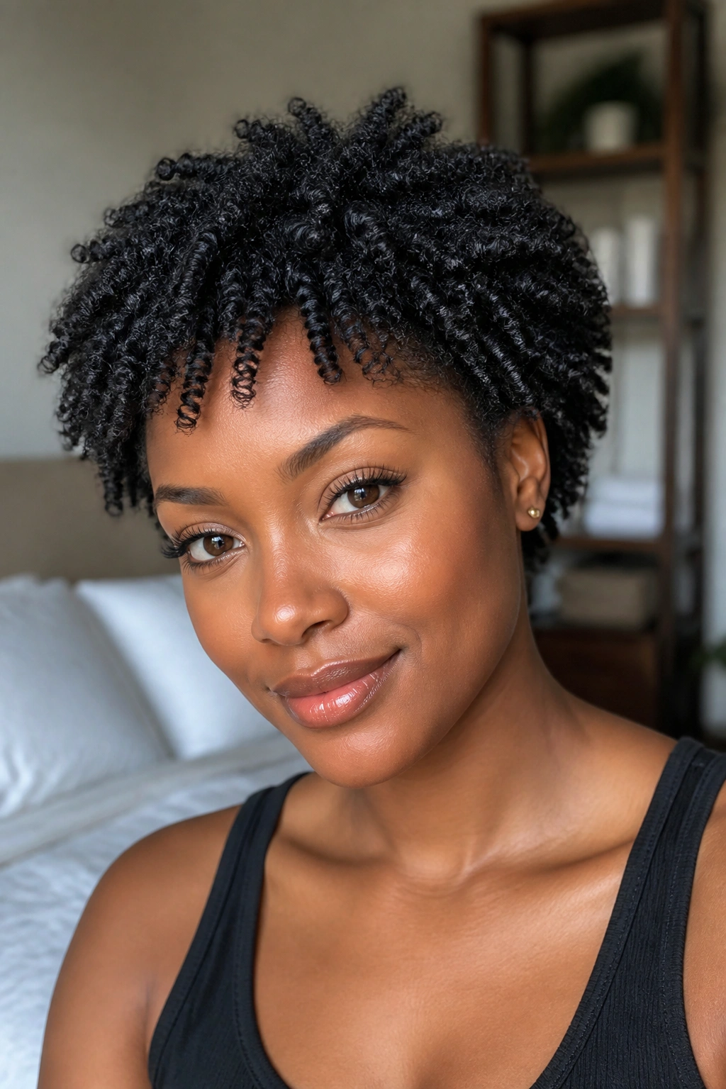 Close-up portrait of a real person with short natural hair and tiny two-strand twists forming a halo