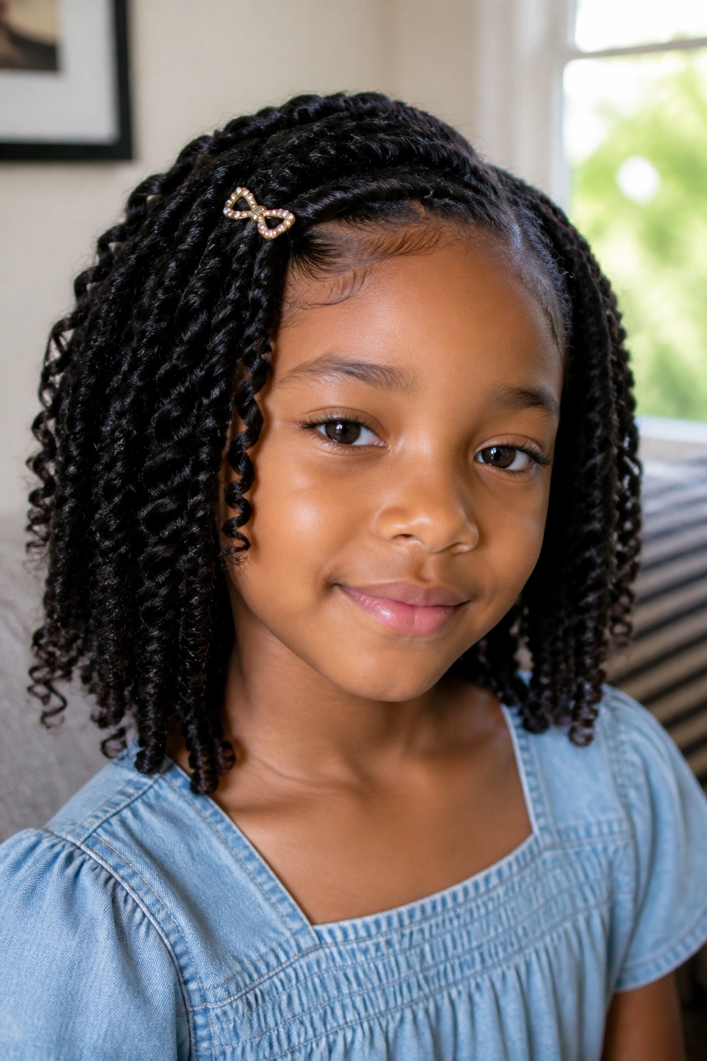 Close-up of a girl with a defined twist-out and a side clip