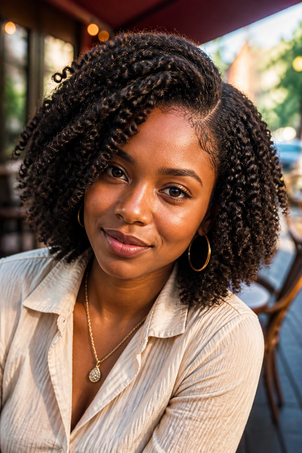Portrait of a real woman with a side-part twist-out curls.