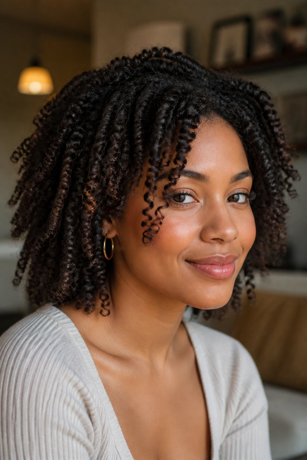 Real person with two-strand twist-out and soft ends