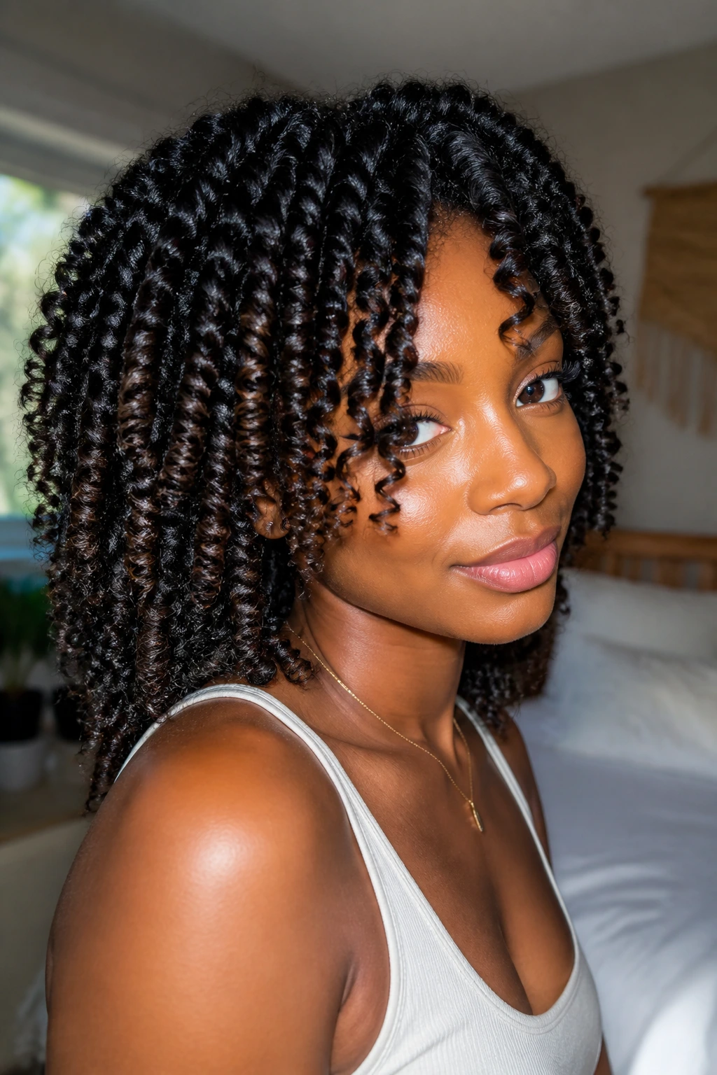 Close-up portrait of a real person with a stretched twist-out curls