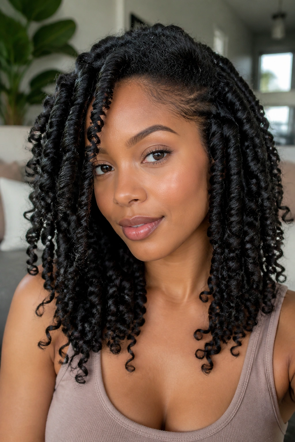 Close-up of a real woman's stretched twist-out with defined coils