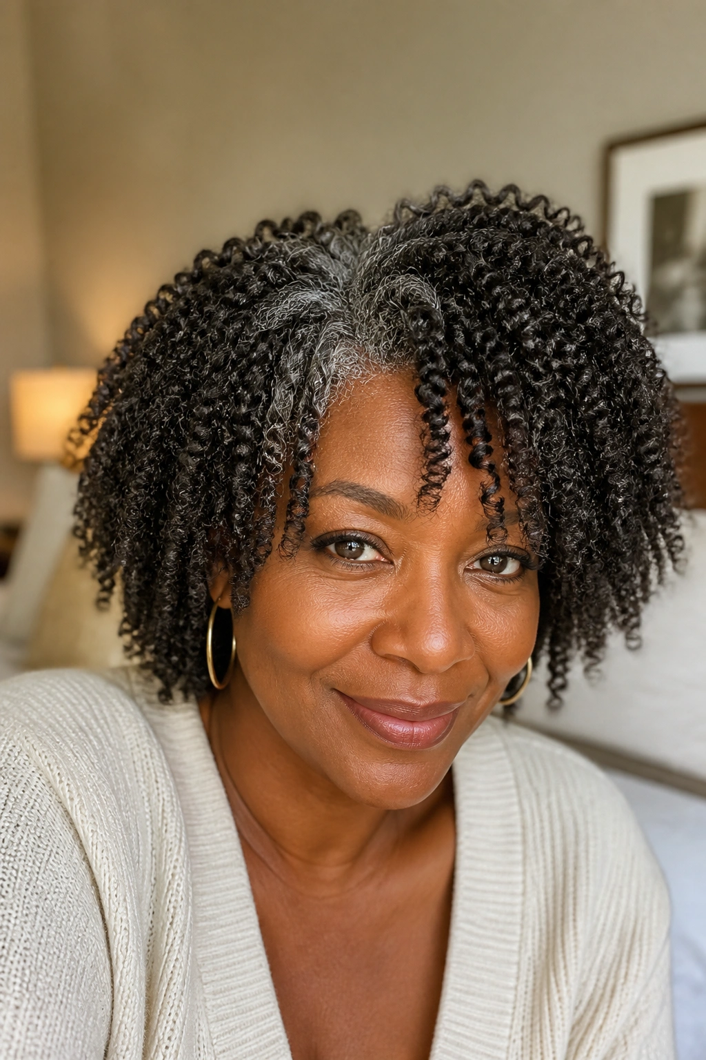 Close-up of a woman with a twist-out on stretched hair