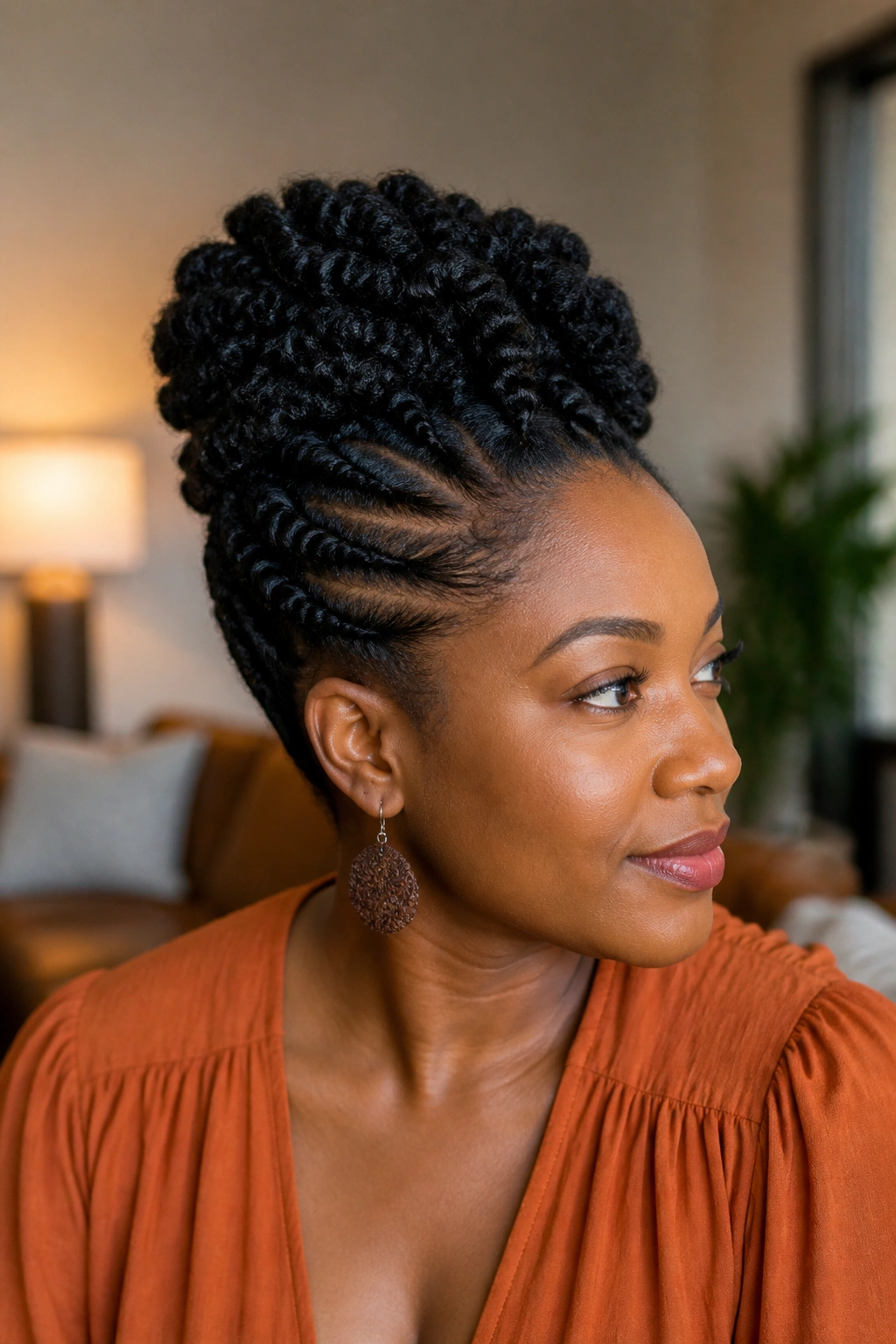 Portrait of a real person with twist-out updo and pinned sides