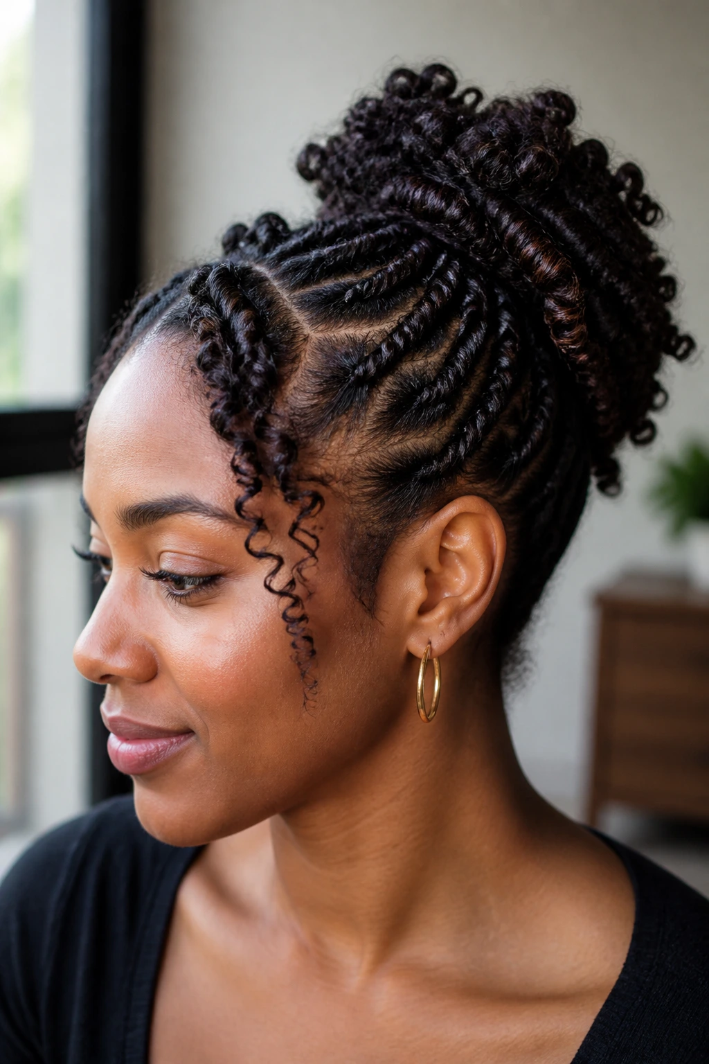 Portrait of a real woman with a mini twist-out updo showing curl texture