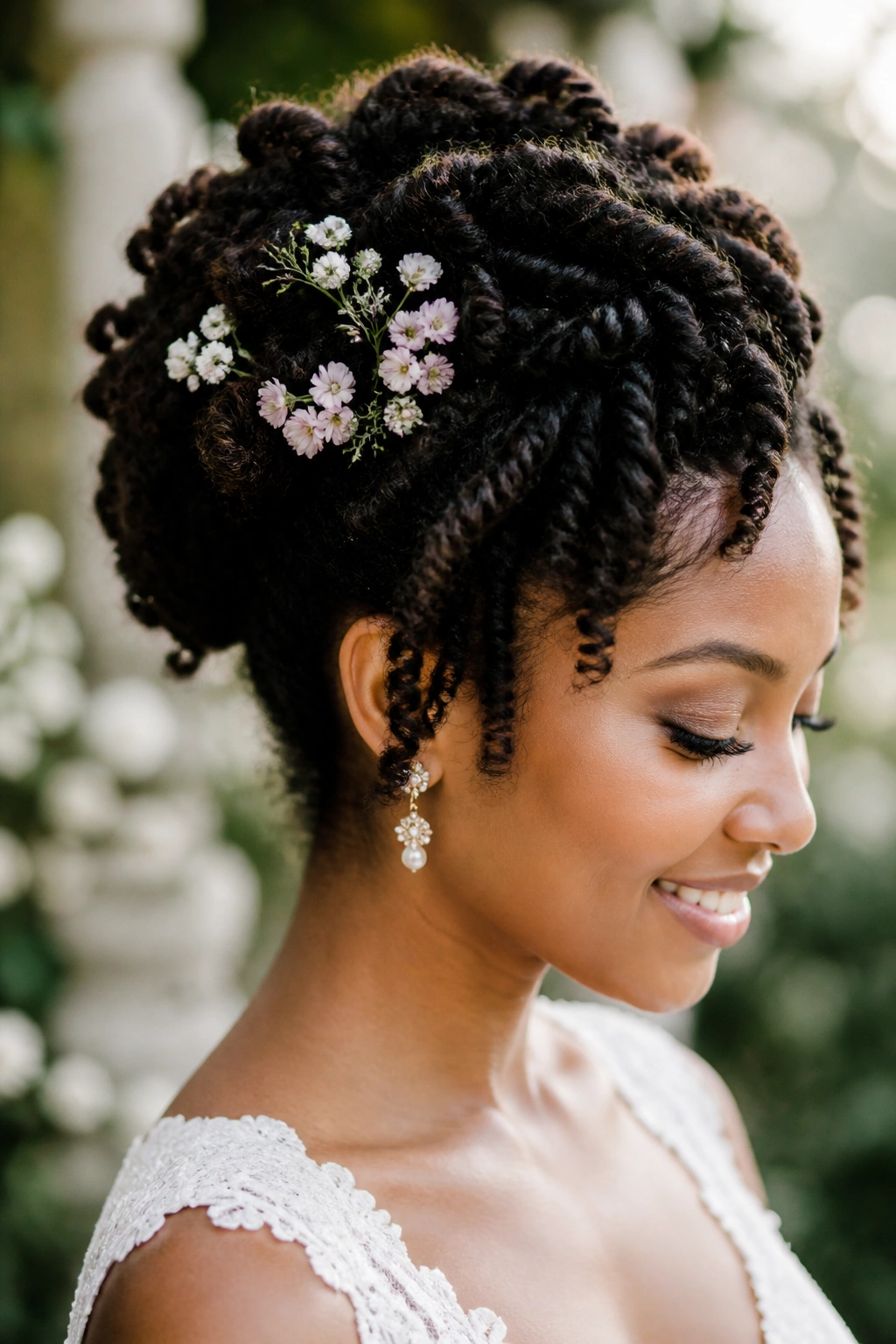 Bride with floral-threaded twist-out updo featuring small blooms tucked between twists