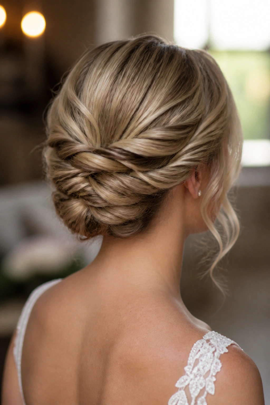 Real bride with twist-and-pin updo for fine hair.