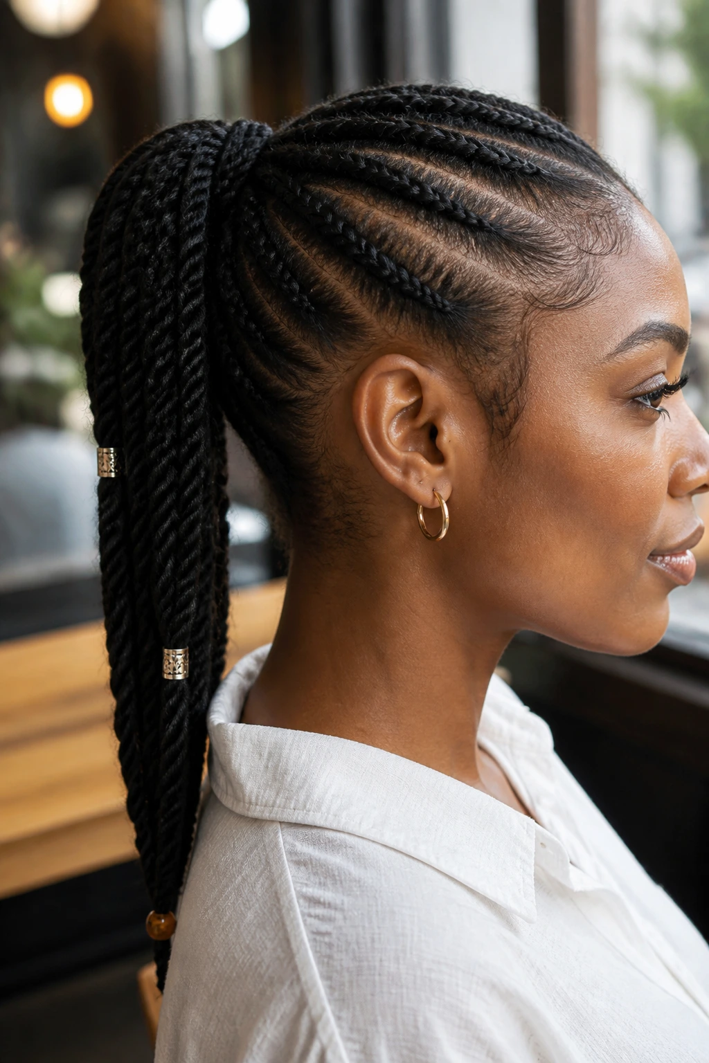 Close-up of a real woman's twist ponytail with beads and cuffs, warm cafe lighting.