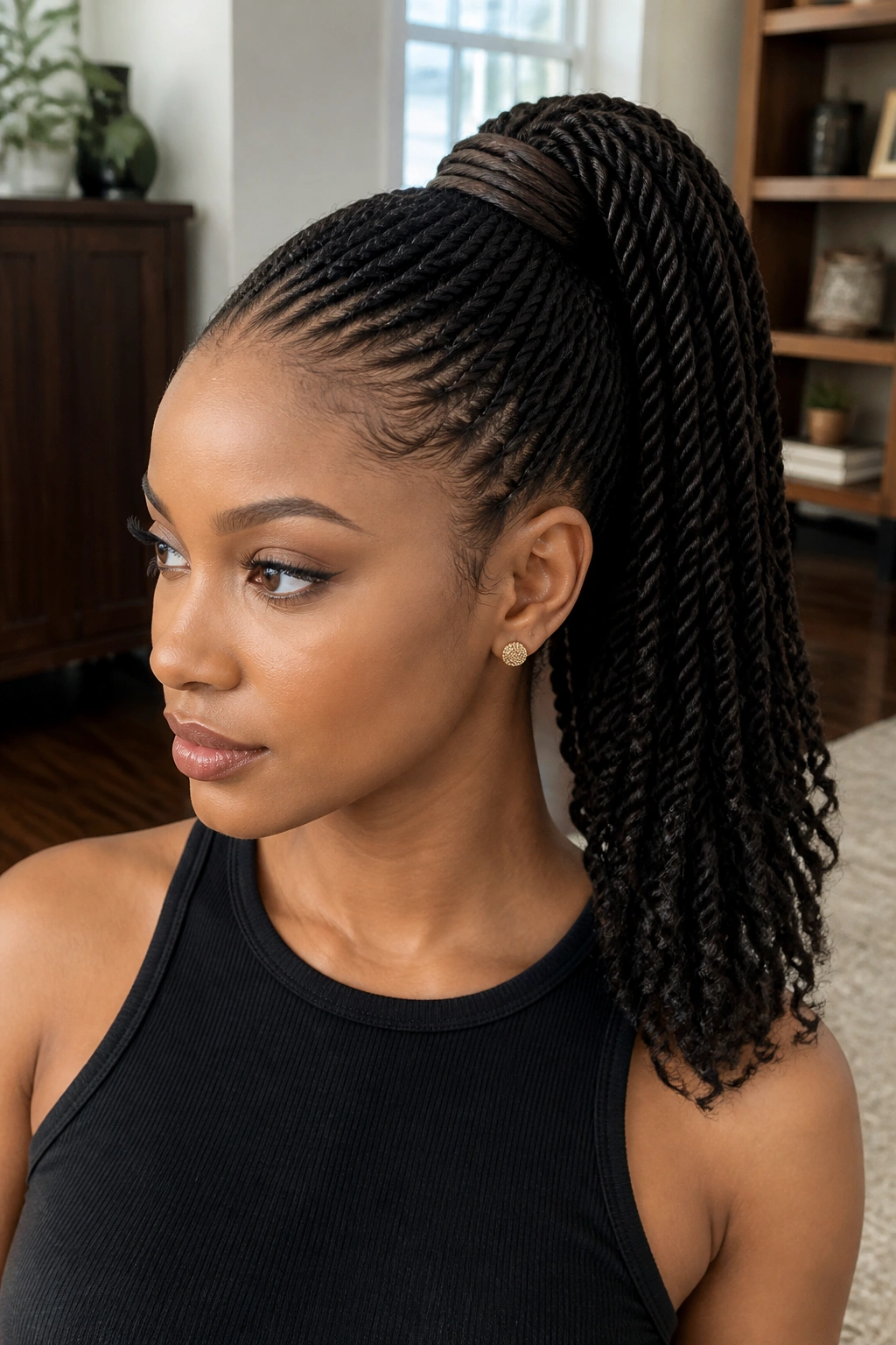 Real person with twist ponytail in a bright indoor setting