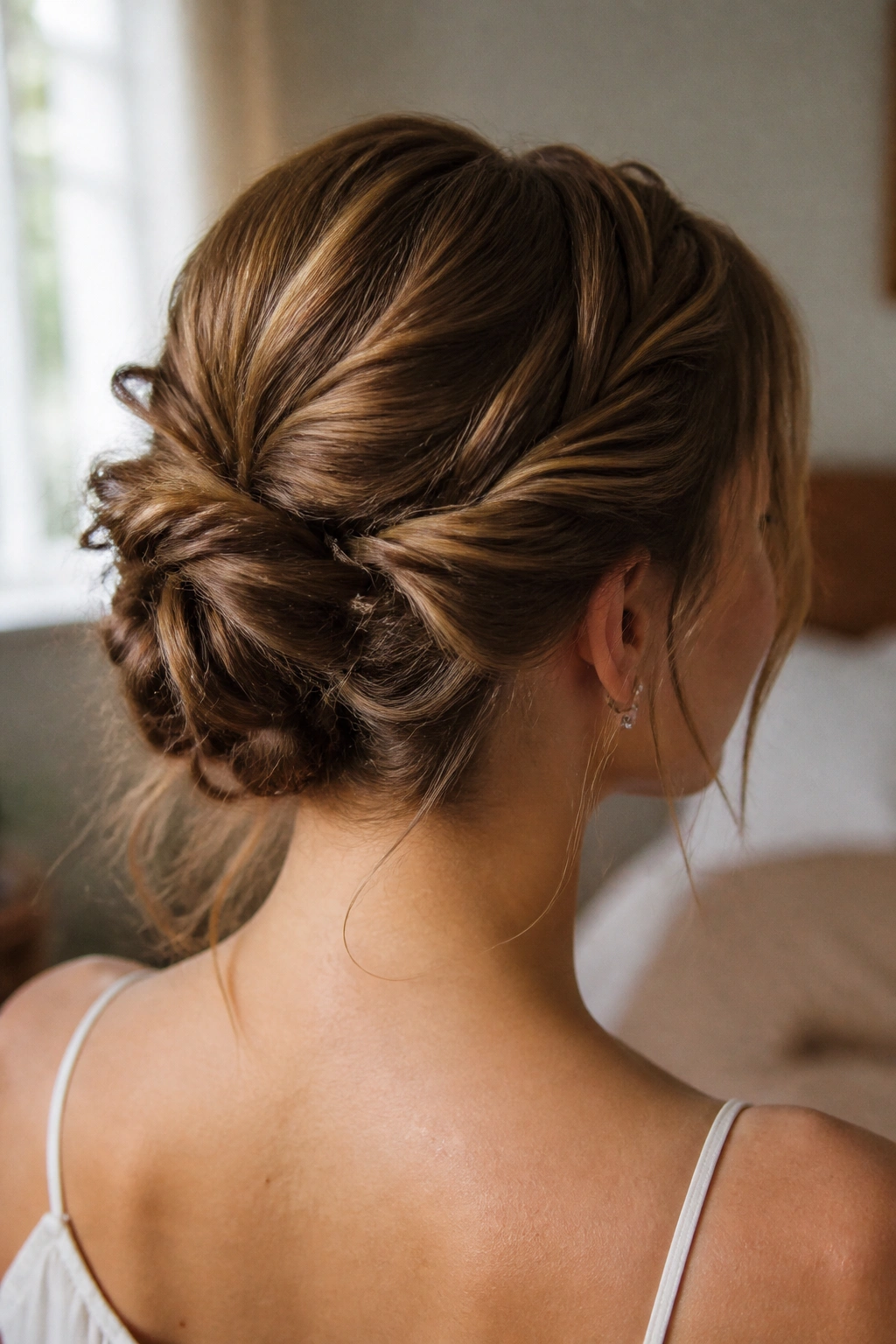 Close-up of a woman with a soft twist-and-pin updo