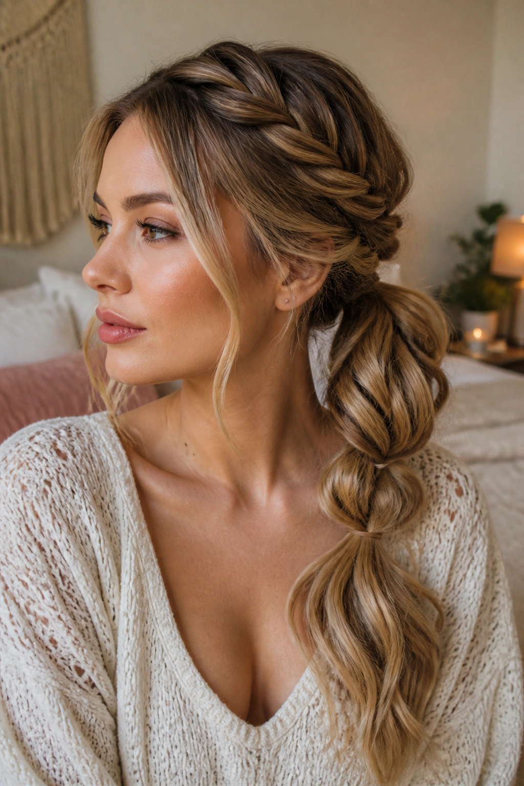 Close-up of a real woman with a twisted braid ponytail and soft front twists