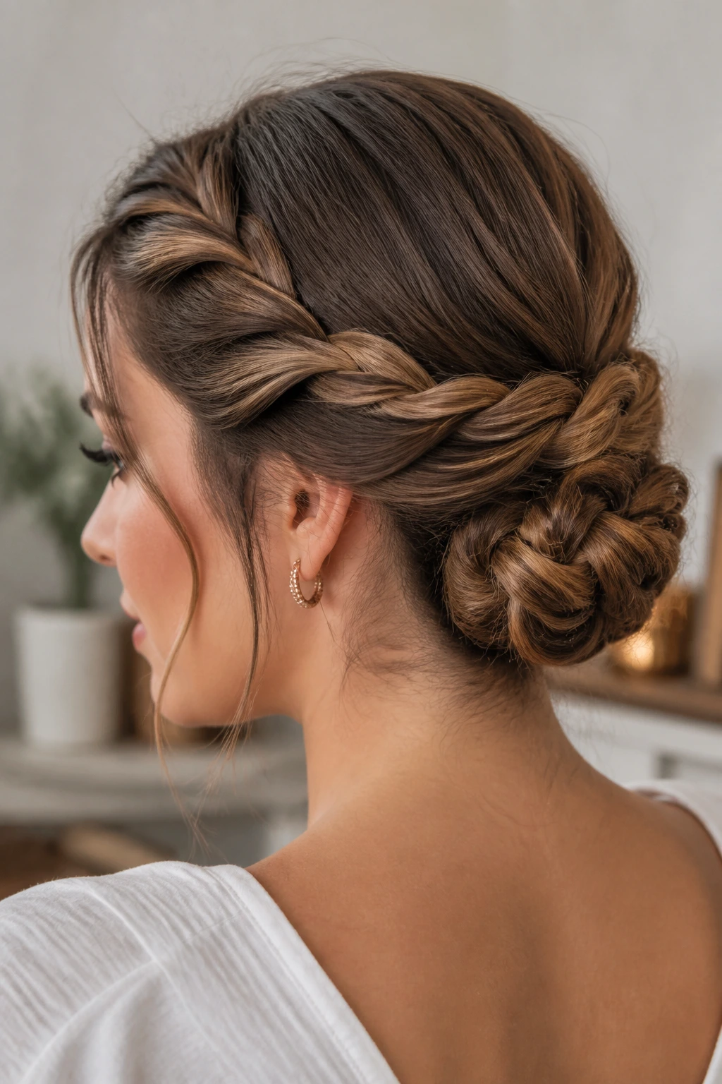 Close-up of a real woman with twisted and braided chignon