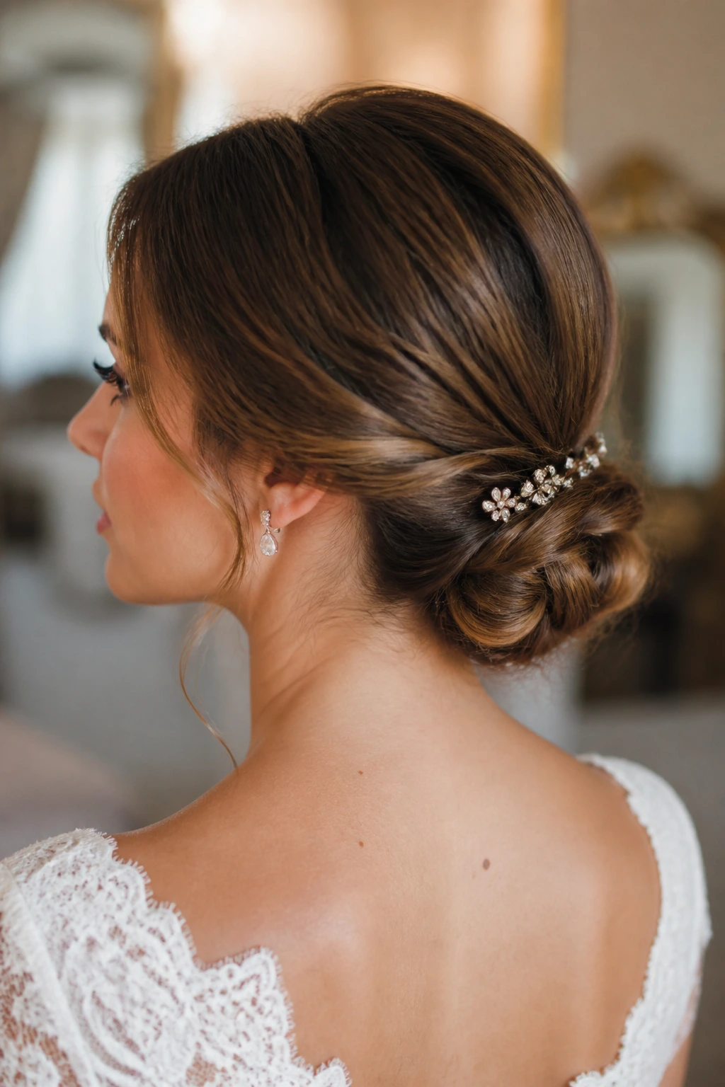Close-up of a real woman with a twisted low bun and jeweled pins at the nape in a bridal dressing room.