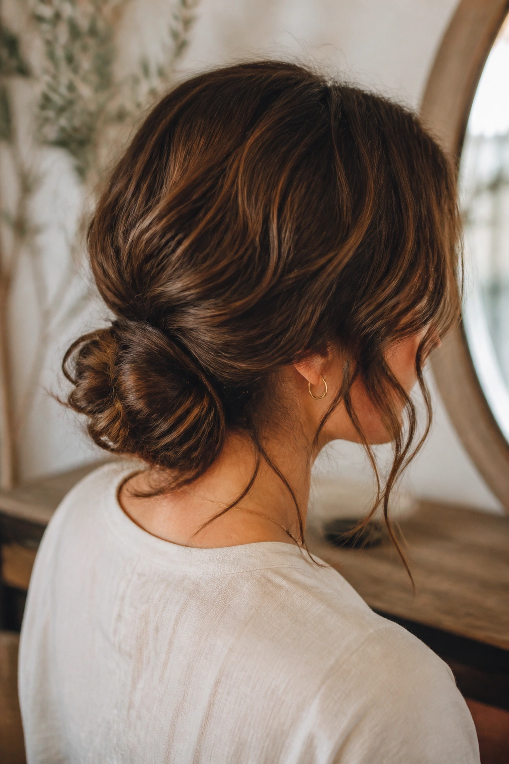 Rear view of a real woman with a low twisted bun and loose waves.