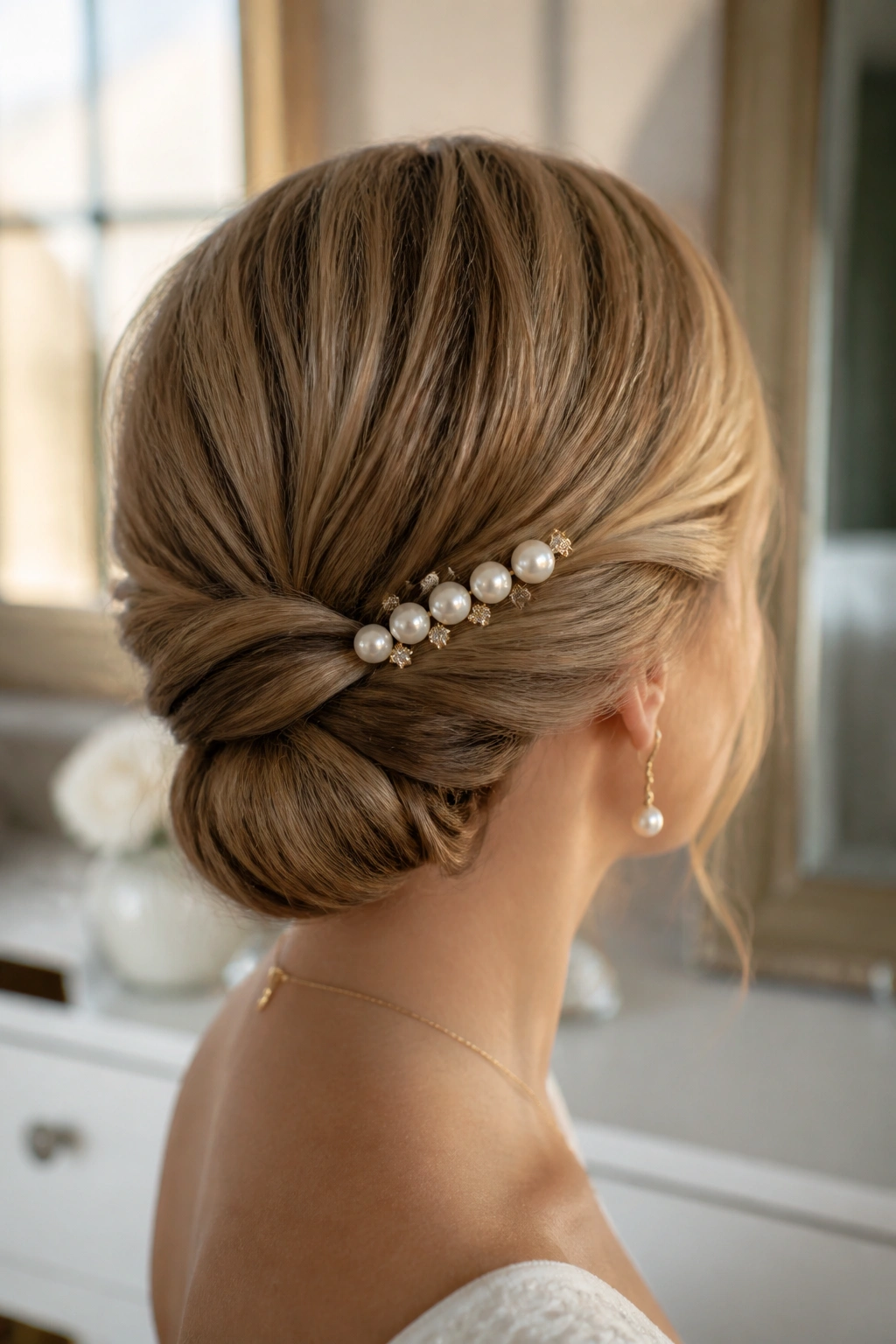 Close-up of a real woman's head showing a twisted bun with a row of pearl pins