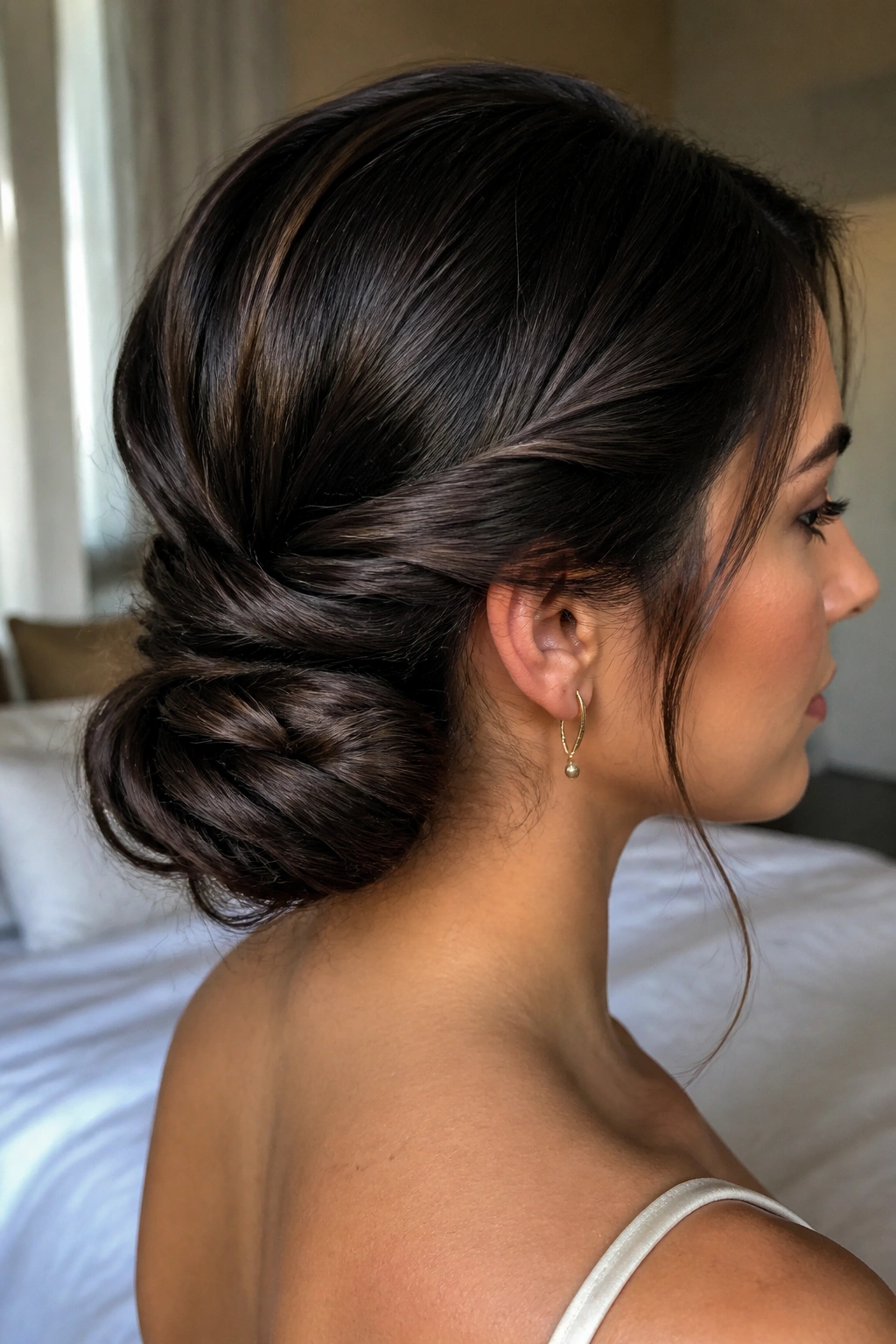 Close-up of a real woman with a twisted low bun at the nape in warm bedroom light