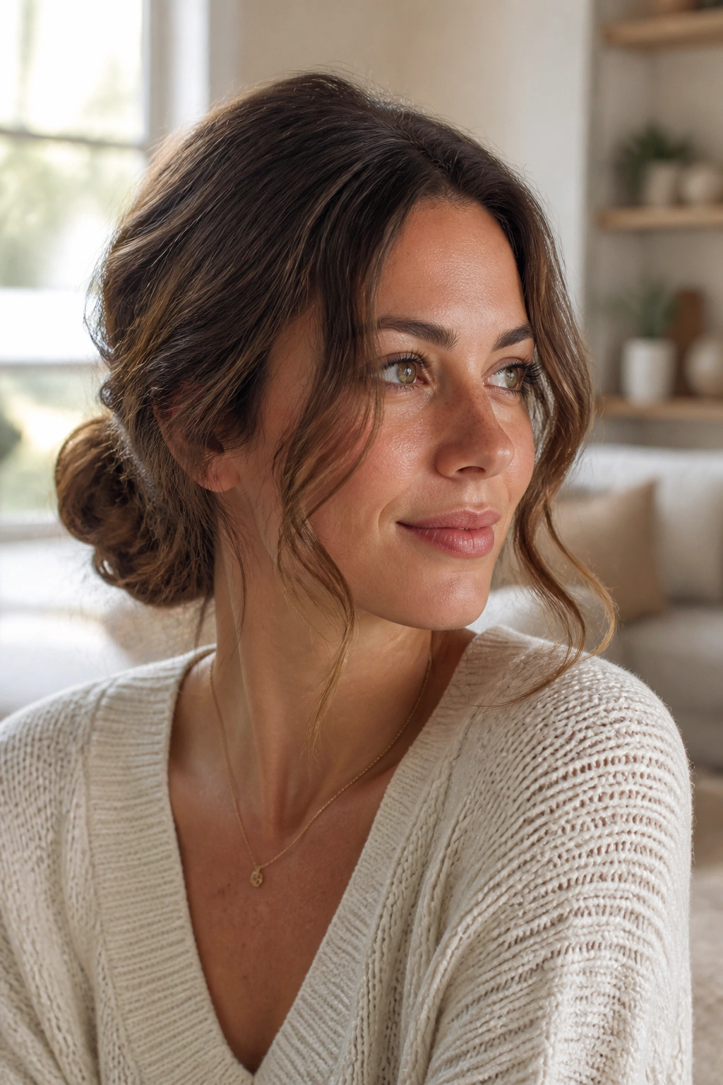 Close-up of a real woman with a low twisted bun and face-framing pieces