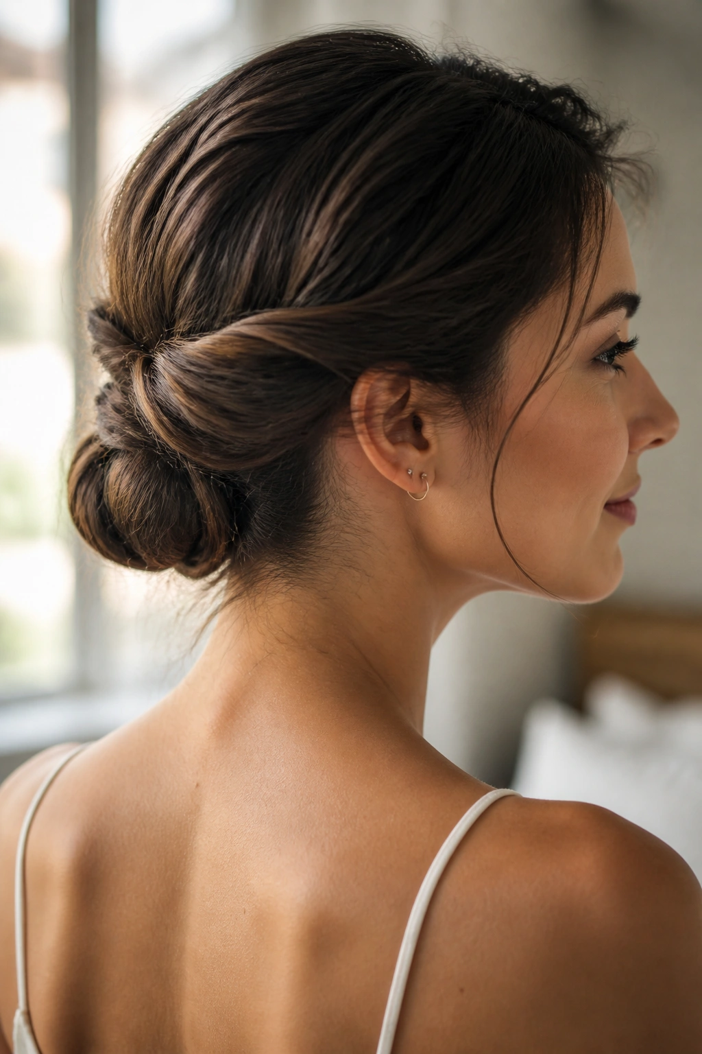 Close-up of a real woman with a low twisted chignon at the nape