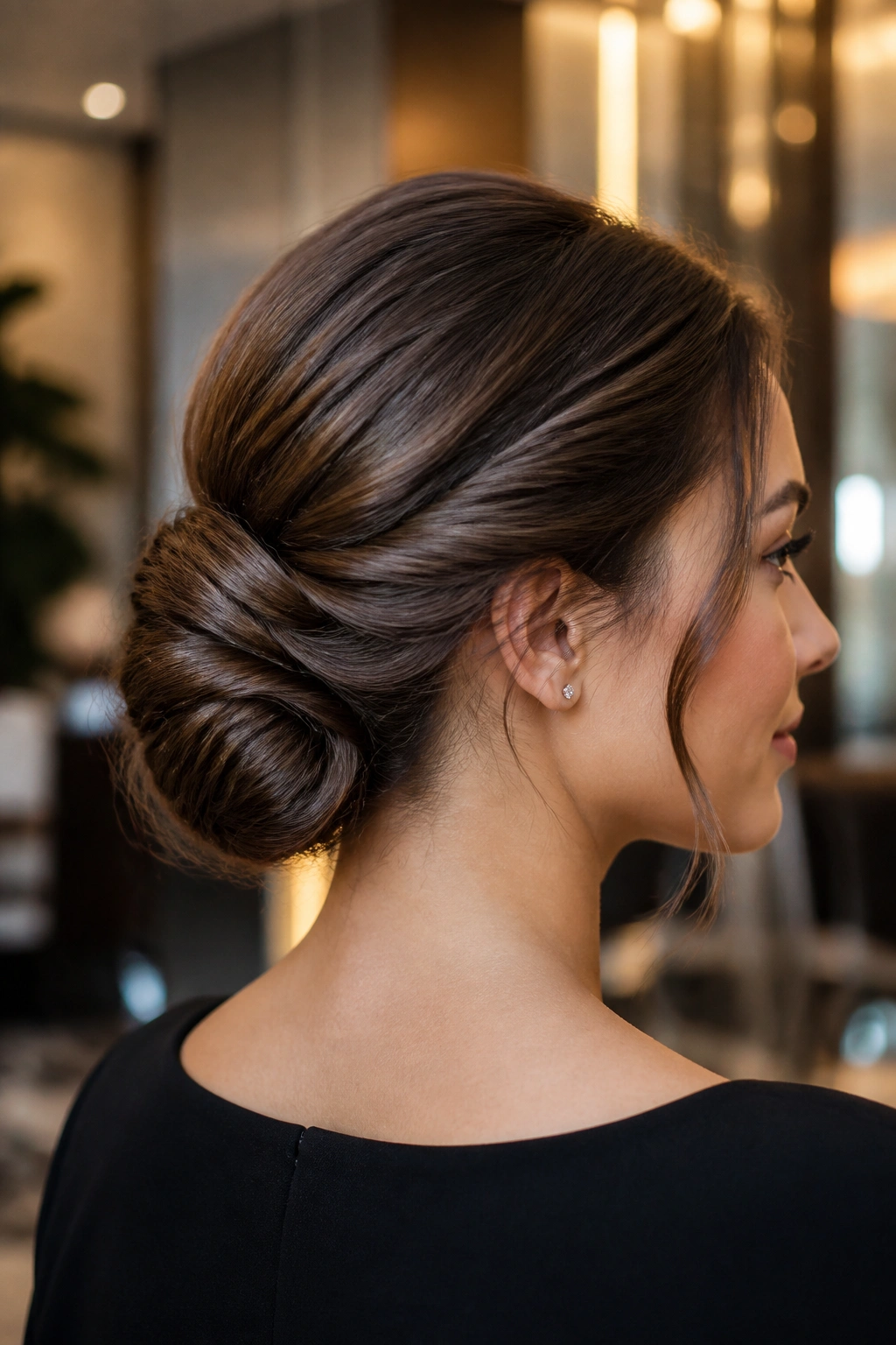 Close up of a woman with a twisted chignon bun in a stylish lobby