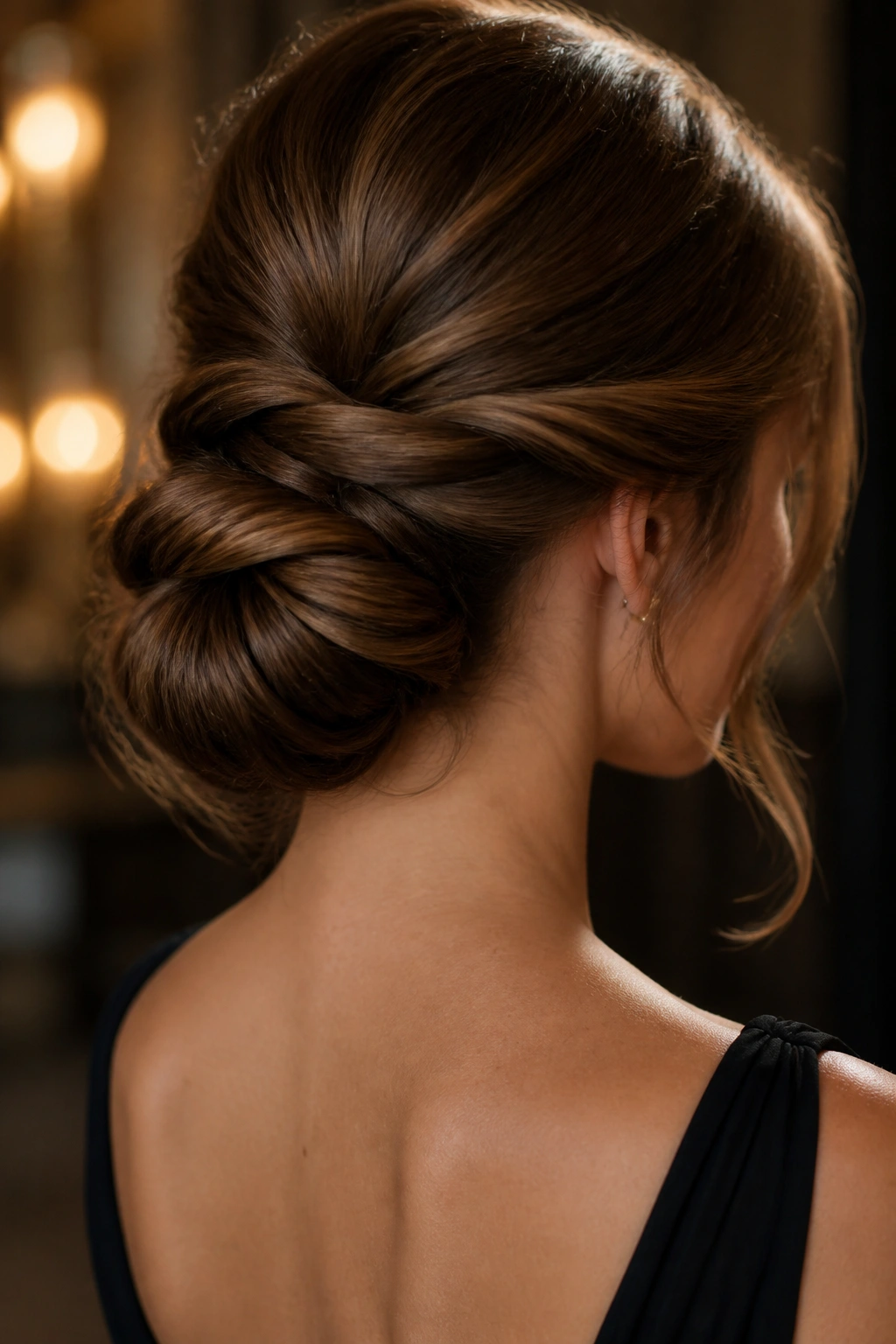 Close-up of a real woman with a twisted chignon at the nape