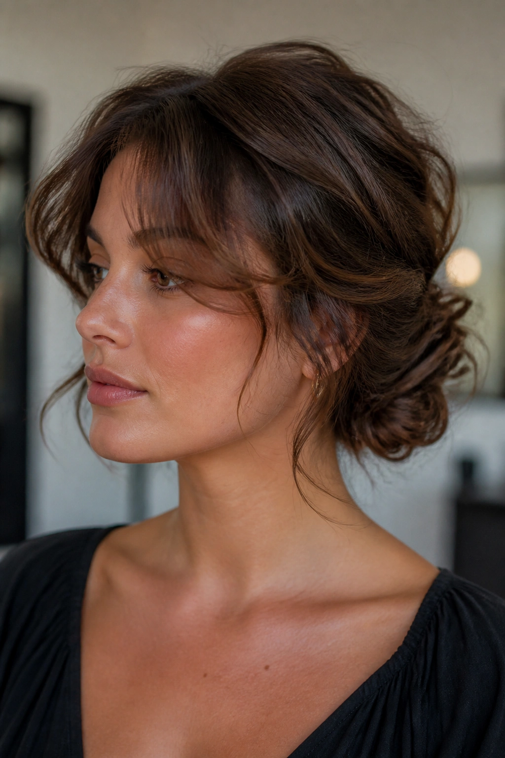 Close-up of a real woman with a low twisted chignon and curtain bangs.