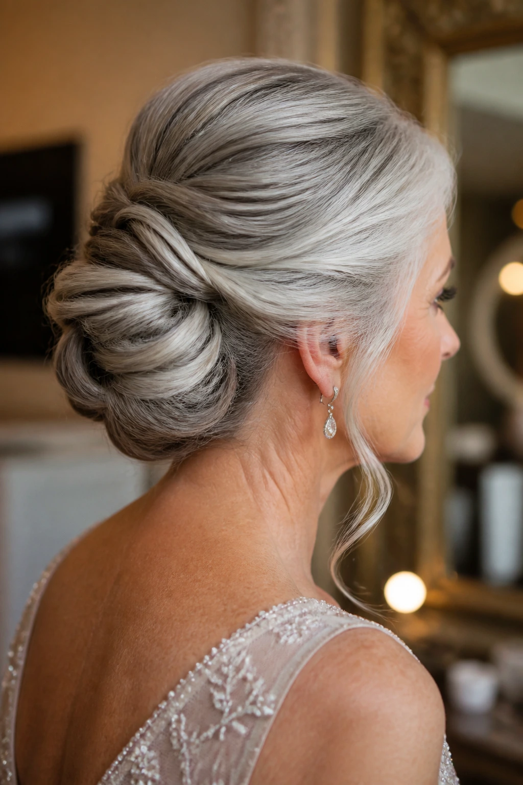 Close-up portrait of a real woman with an elegant twisted chignon