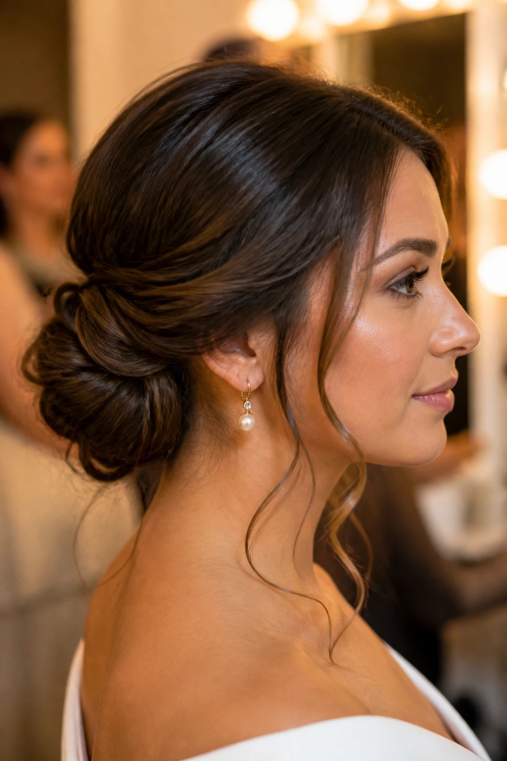 Close-up portrait of a real woman with a low twisted chignon and tendrils at the front.
