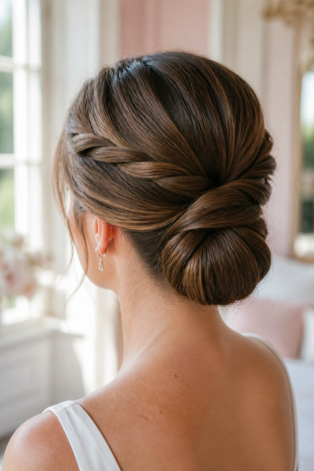 Three-quarter back view of a real woman with a twisted crown bun