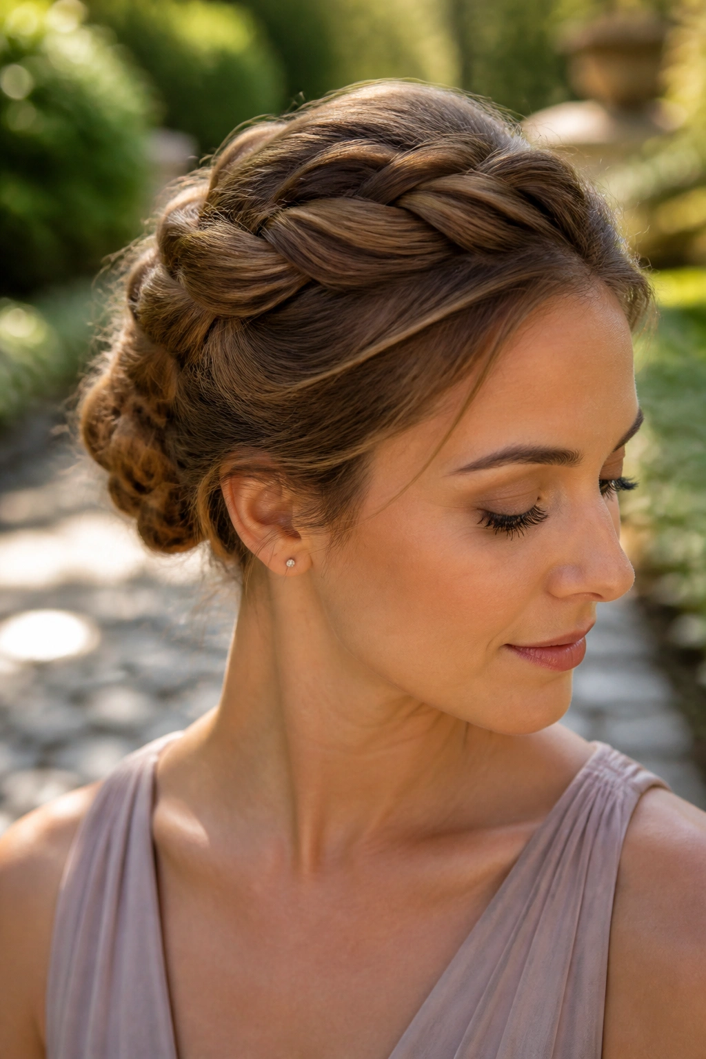 Close-up of a real woman with a twisted crown bun in a sunny garden setting.