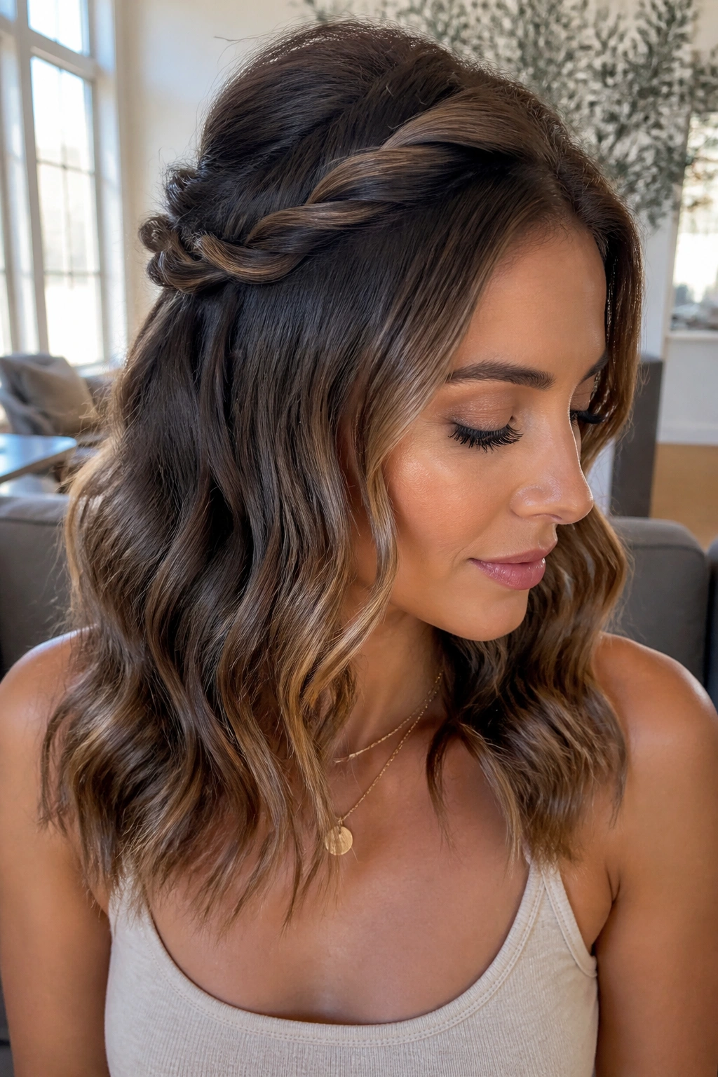 Close-up of a real woman with a twisted crown half-up hairstyle in a bright living room
