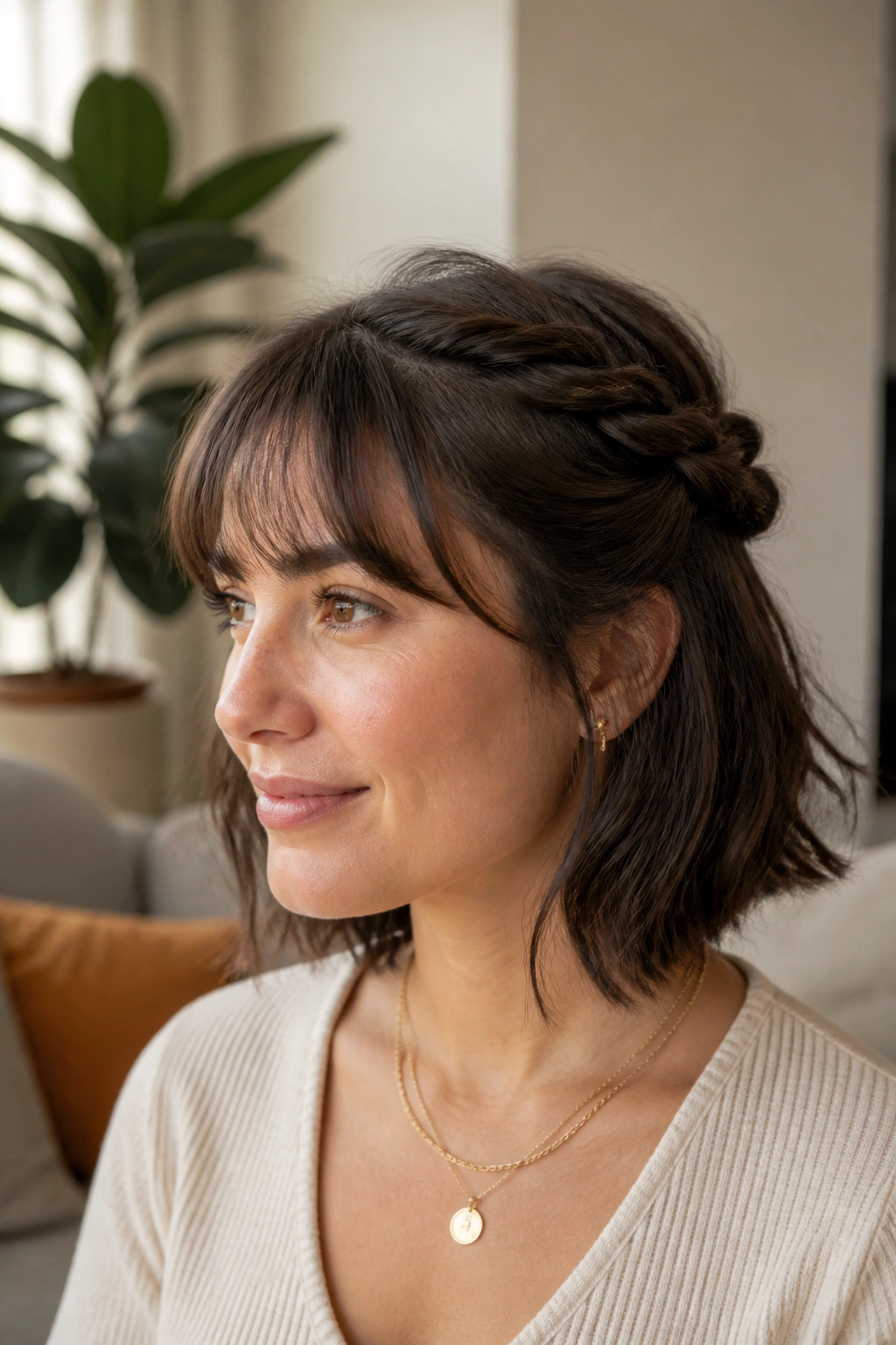 Close-up of a real woman with a twisted crown half-up hairstyle and bangs.