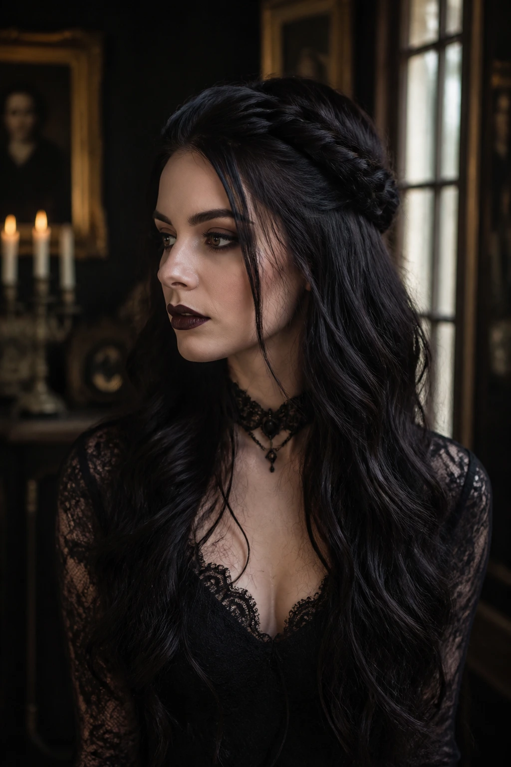 Close-up of woman with half-up twisted crown hairstyle on long dark hair