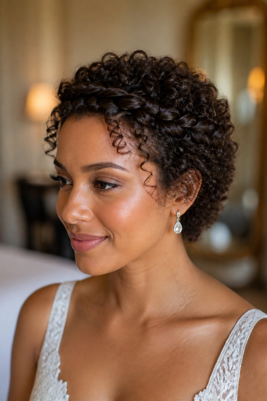 Close-up of a twisted crown on short curls