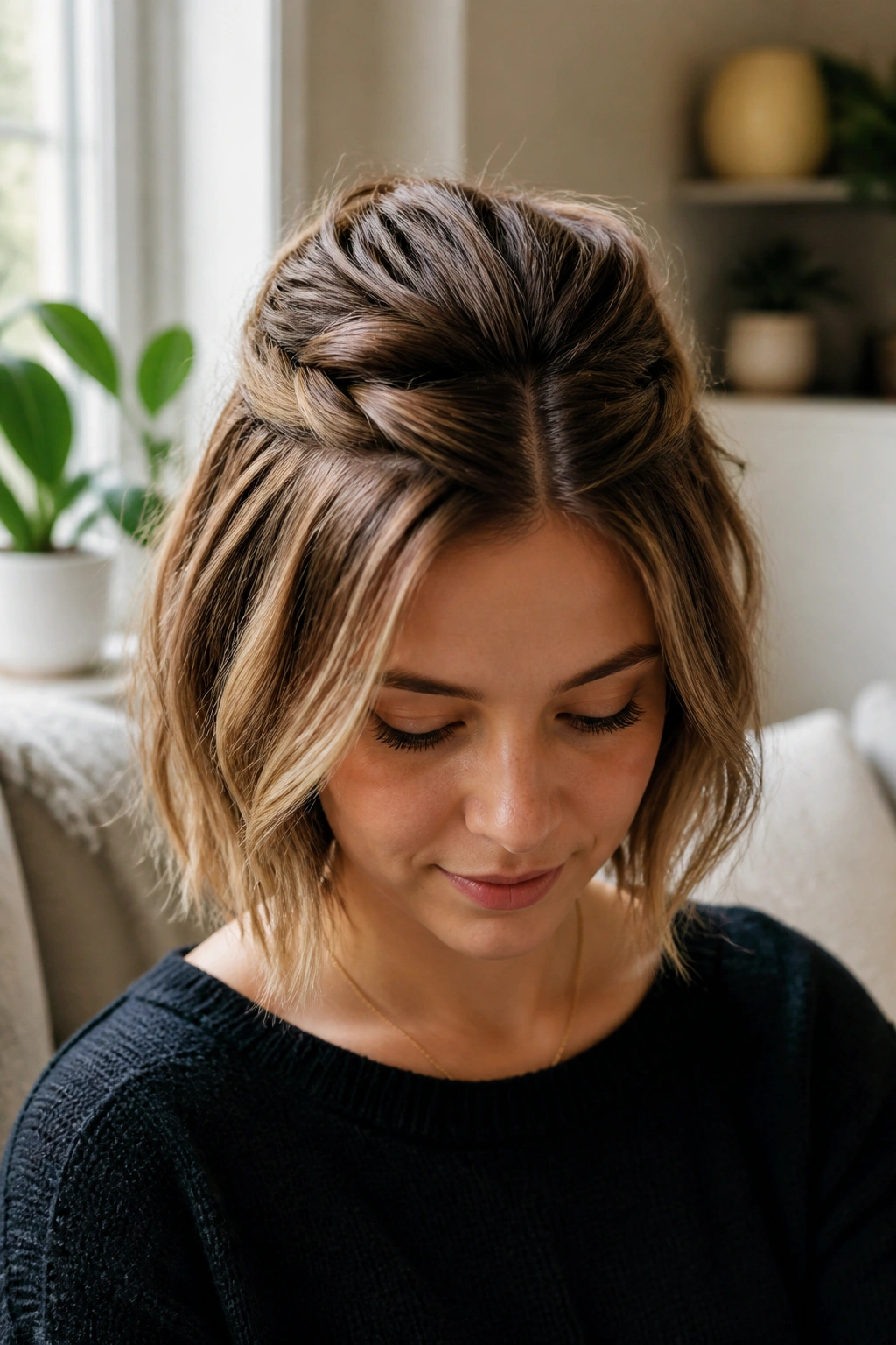 Close-up of a real woman with a twisted crown hairstyle and hidden pins